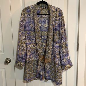 Stunning bohemian Rayon open light coat.  Beads.  Boho pattern.  Tie front.